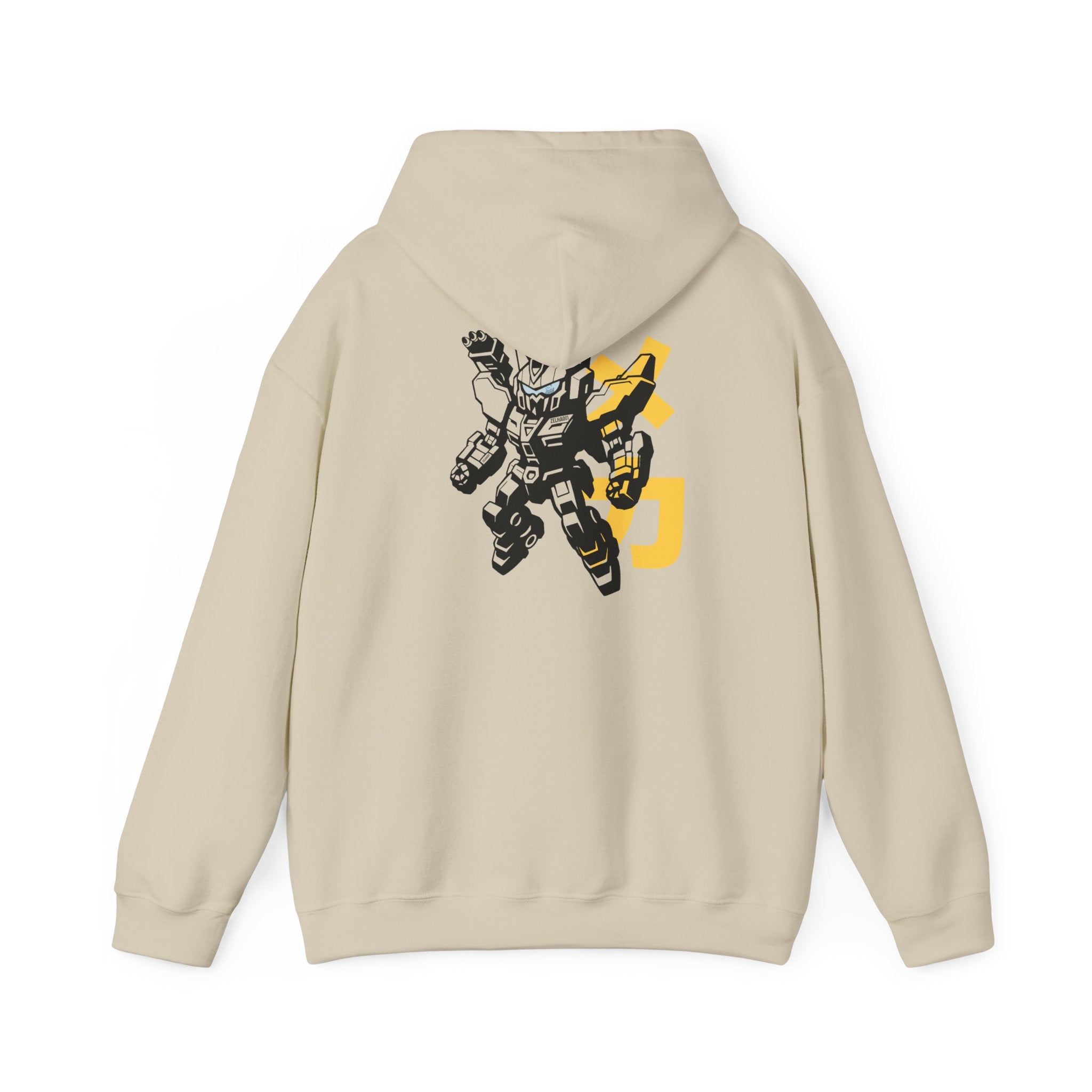 Mecha Cat Hoodie — Robotic Cat Graphic Pullover with Yellow Accent