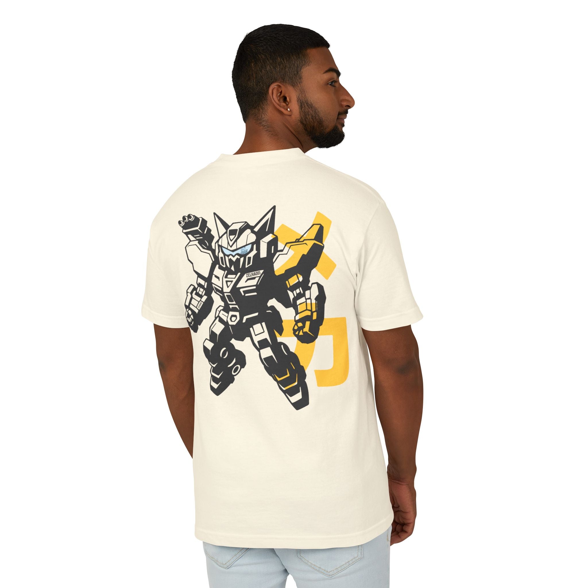 Cat Mech Graphic Tee — Retro Mecha-Style Back Print & Chest Logo