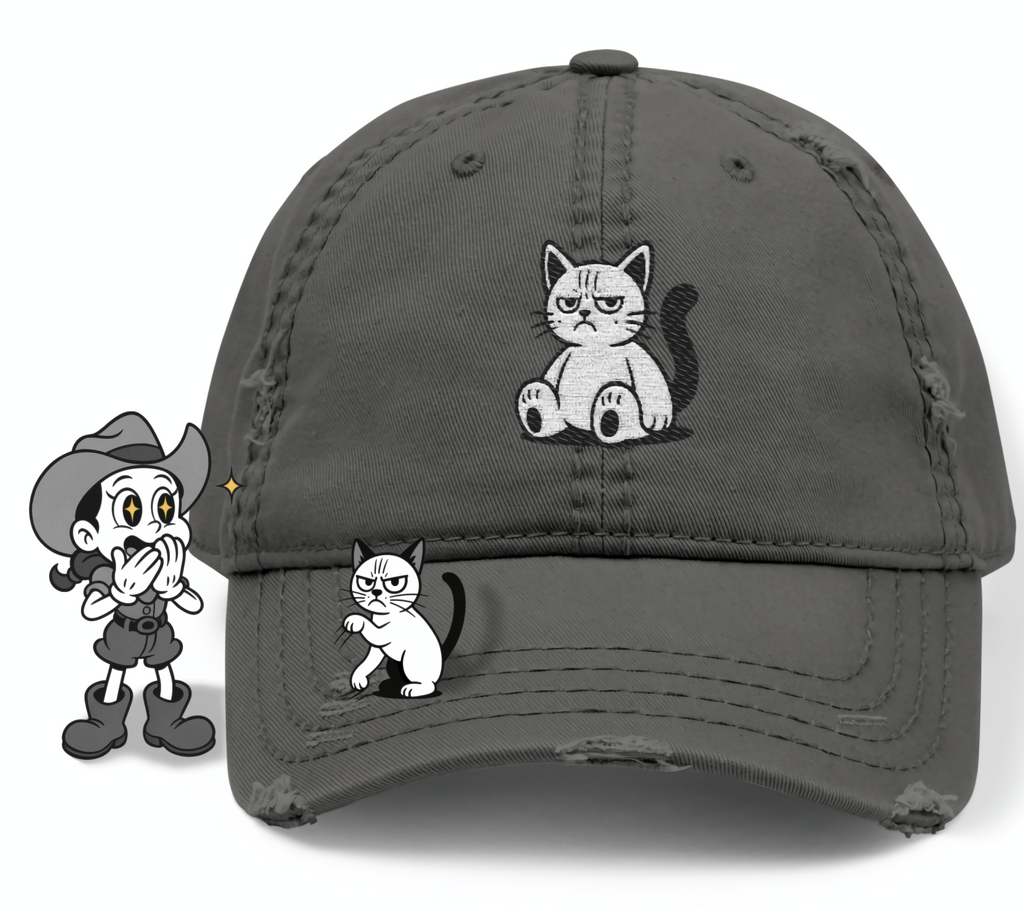 Embroidered Distressed Cat Hat - Pop art plushie embroidered cat hat