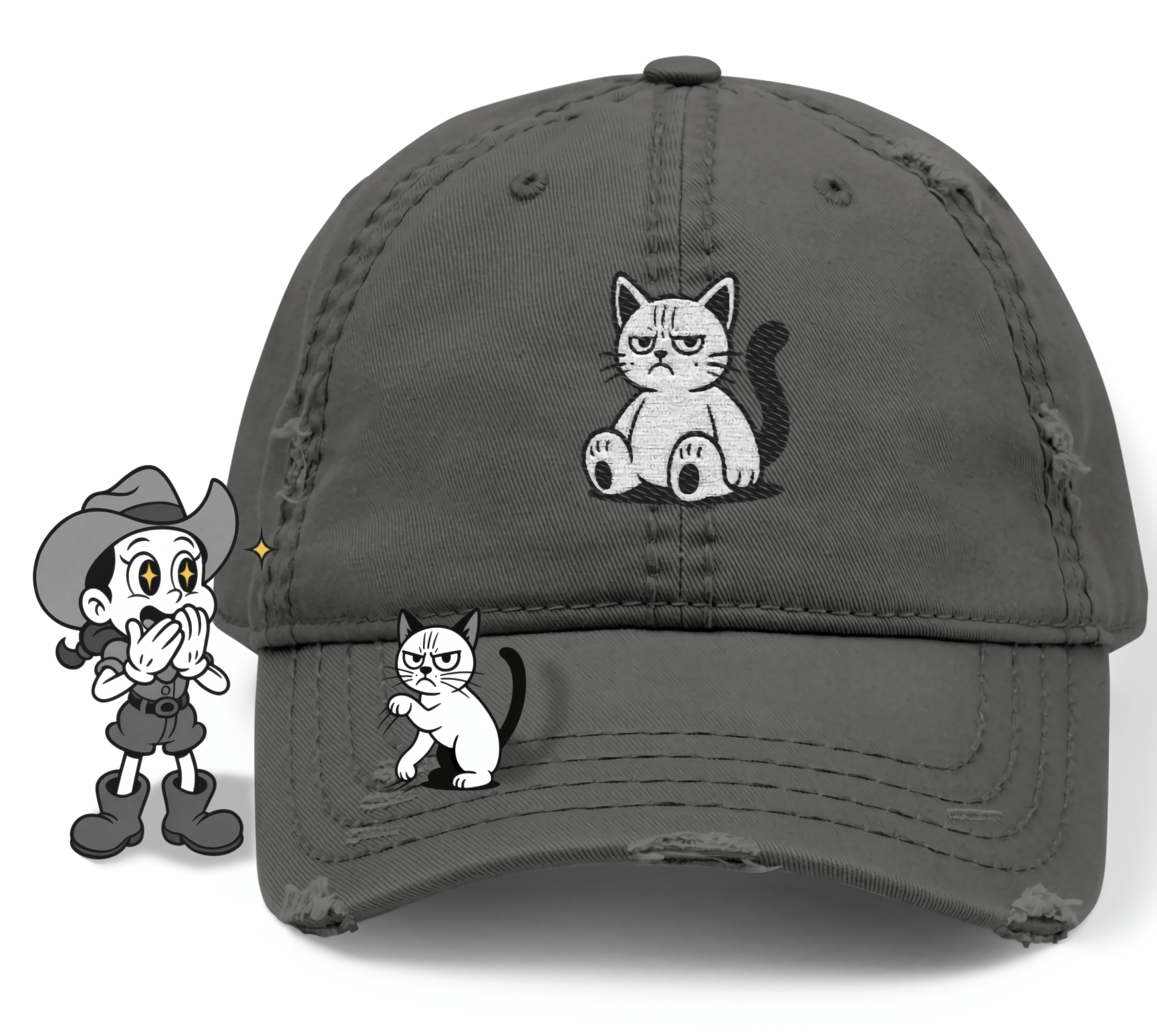 Embroidered Distressed Cat Hat - Pop art plushie embroidered cat hat